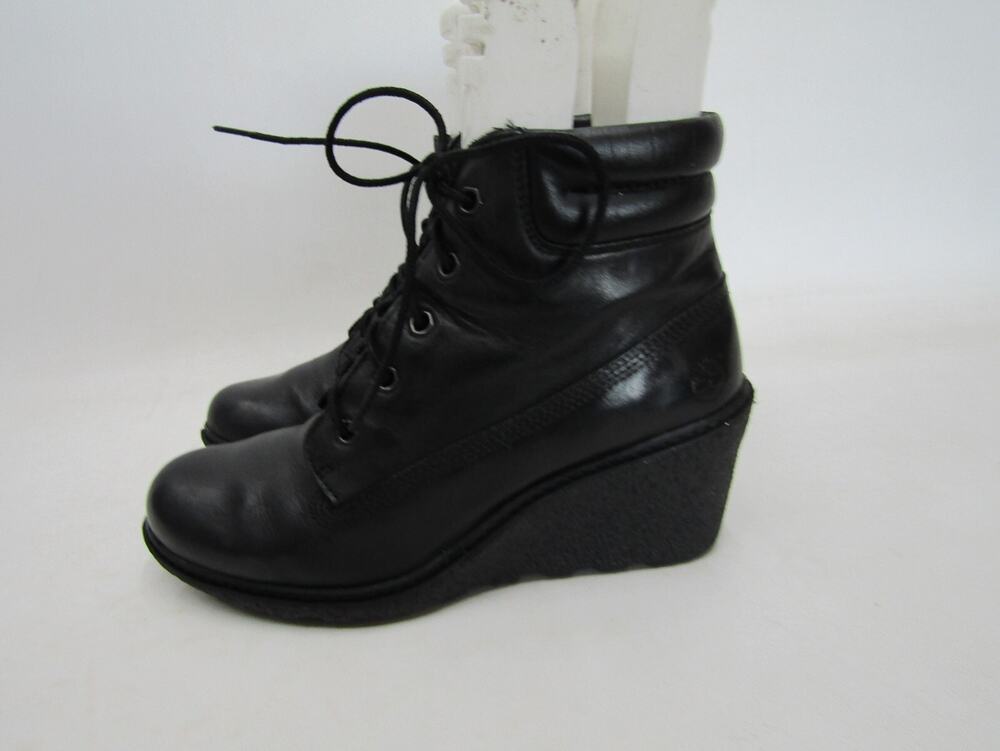 Timberland Womens Size 7.5 Black Leather Laces Wedge Ankle Fashion Boots
